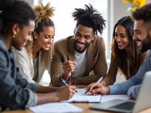 Grup divers de oameni discutând în jurul unei mese.