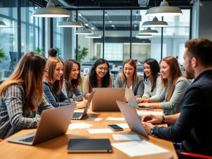 AfaceriStart-up 74 Echipă diversă colaborând într-un birou modern.