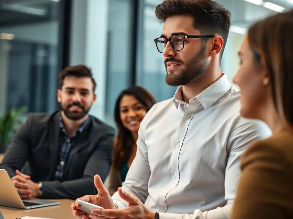 Antreprenor prezentând o idee investitorilor într-un birou modern.