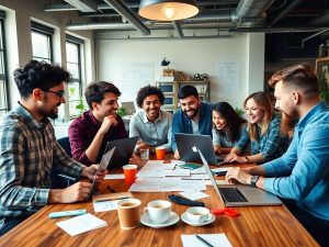 AfaceriStart-up 75 Spațiu de lucru vibrant cu echipă diversă colaborând.