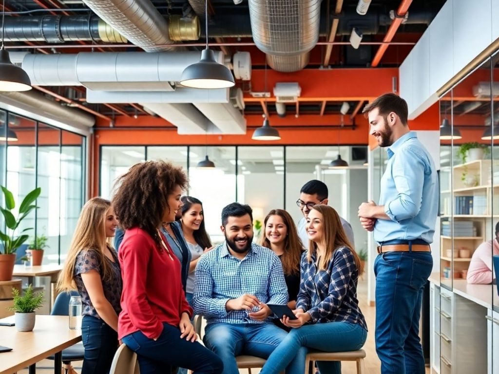 Grup divers de antreprenori colaborând într-un incubator de afaceri.