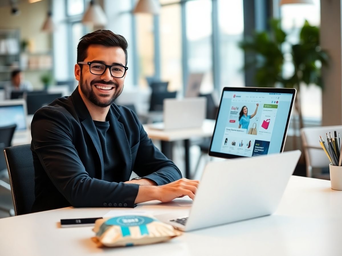 Antreprenor fericit în fața unui laptop cu magazin online.
