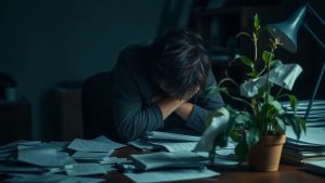 AfaceriStart-up 34 Persoană copleșită de muncă, înconjurată de hârtii.