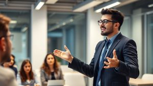 Antreprenor prezentând în fața unui public atent, birou modern