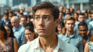 Persoană confuză privind o mulțime diversă de oameni.